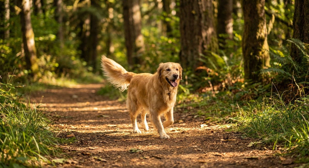 Golden retriever walking happily on a forest trail